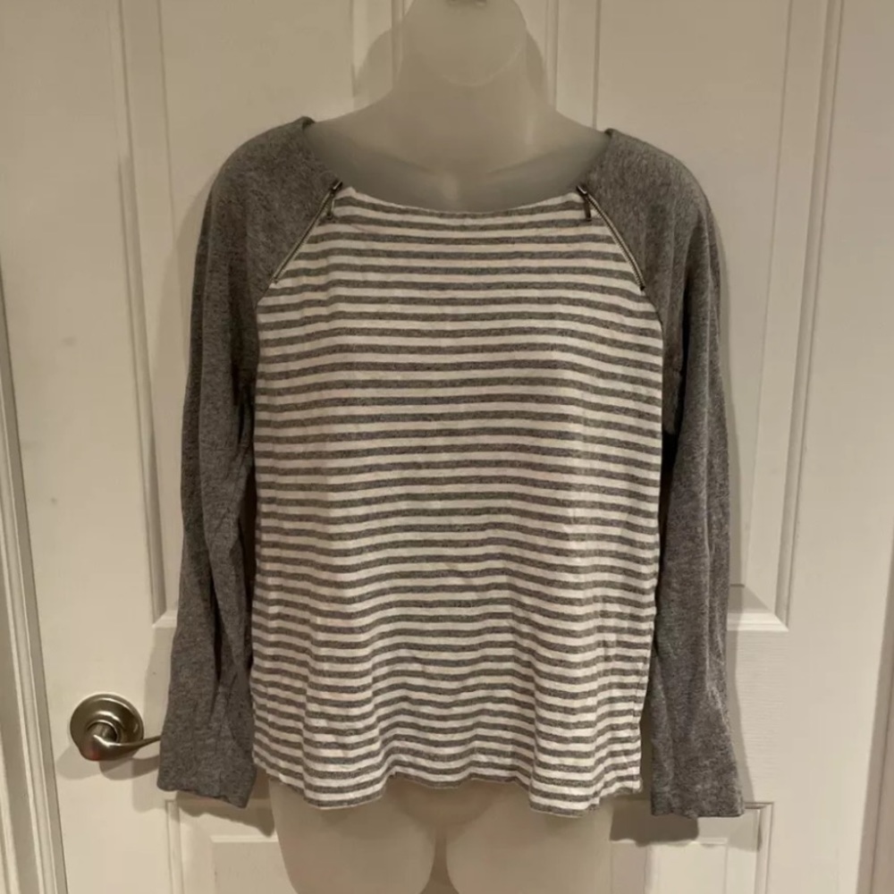 Ann Taylor Loft Womens Sz M Blue Gray White Striped LS top Zipper Detail BX1